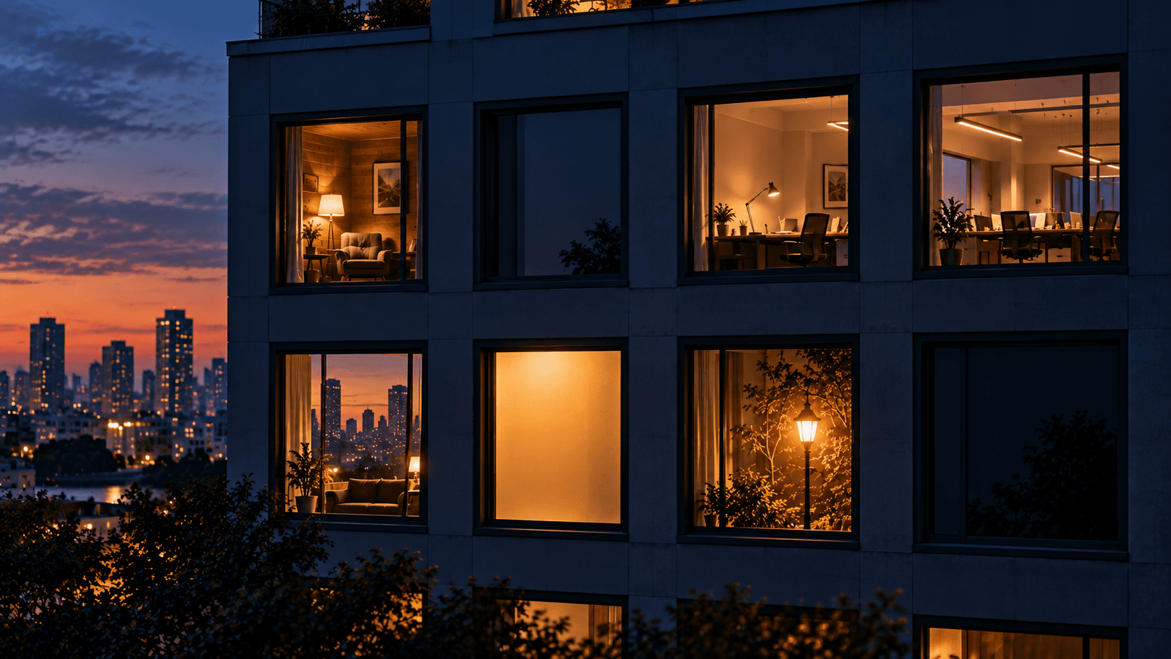 A building facade at dusk, eight windows, six lit and two dark, one plain golden window standing for The Mirror.