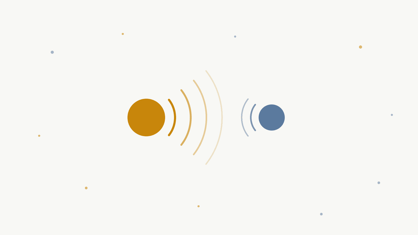 Two dots, one amber and one slate blue, with soft signal arcs travelling from the amber dot toward the blue dot.